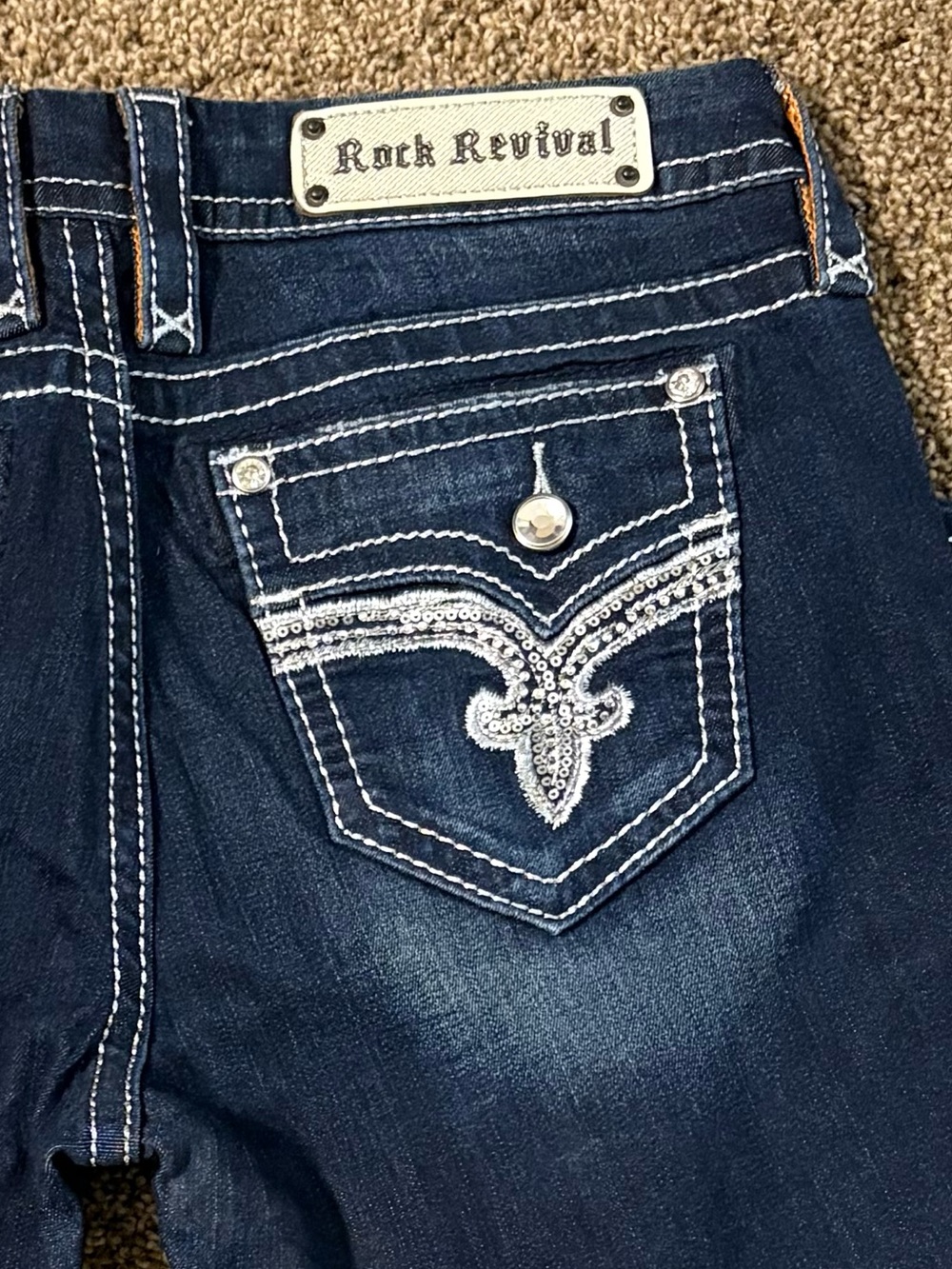 New Rock Revival Dark Blue Bootcut Jeans with Contrast Stitching Size 30”